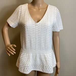 Talbots white short sleeve cotton crochet peplum blouse top size M